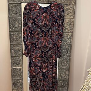 Boden Navy Paisley Long Sleeve Maxi Dress with Red & Blue Accents